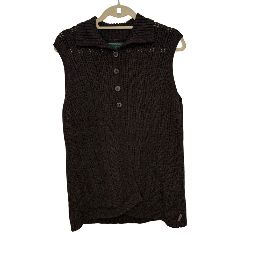 Woolrich Womens XL Brown 100% Lambswool Cable Knit Button Polo Sweater Vest 9659